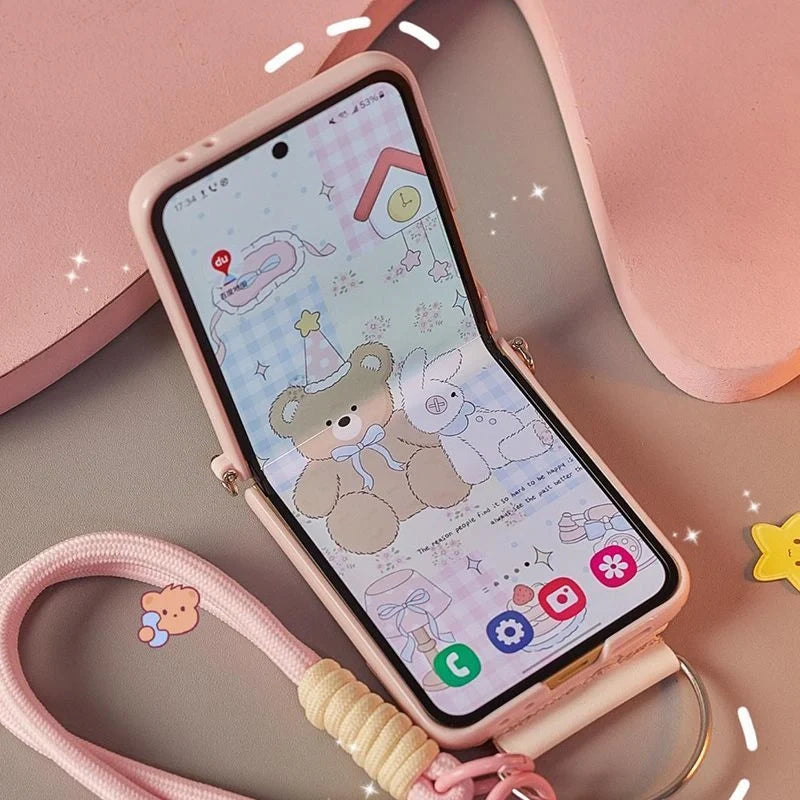 Creative Full-Wrap Strap Case for Galaxy Z Flip – Cute Animal Design & 360° Hinge Protection
